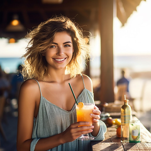 Elegant lady enjoying a refreshing drink at a seaside bar