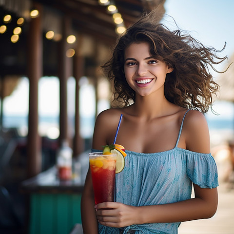 Elegant lady enjoying a refreshing drink at a seaside bar