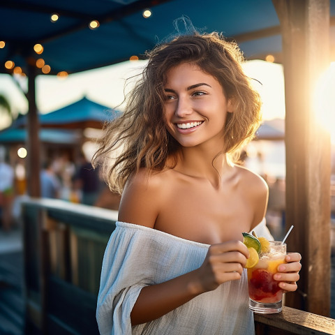 Elegant lady enjoying a refreshing drink at a seaside bar