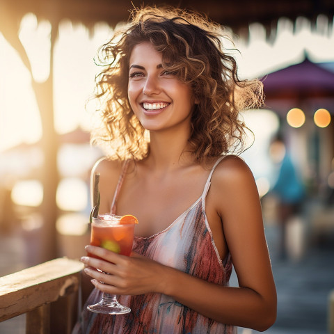 Elegant lady enjoying a refreshing drink at a seaside bar