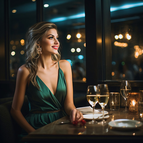 Elegant woman enjoys upscale dining in a stylish dress