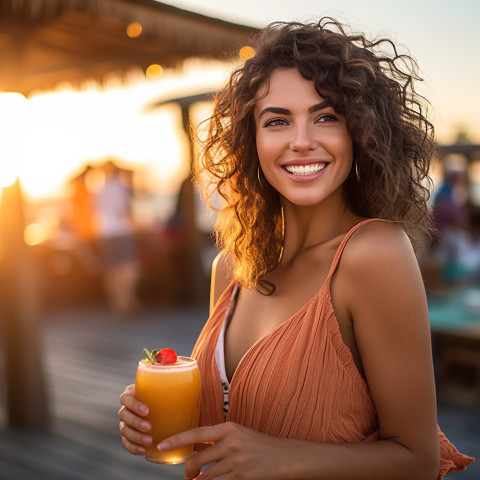 Elegant lady enjoying a refreshing drink at a seaside bar