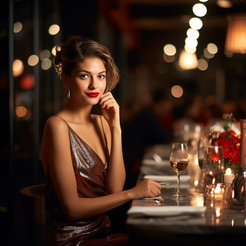 Elegant woman enjoys upscale dining in a stylish dress