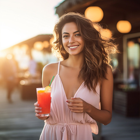 Elegant lady enjoying a refreshing drink at a seaside bar