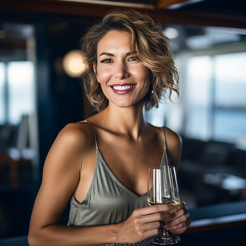 Elegant woman enjoying champagne at an exclusive yacht celebration