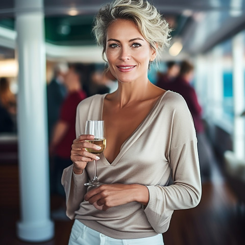 Elegant woman enjoying champagne at an exclusive yacht celebration