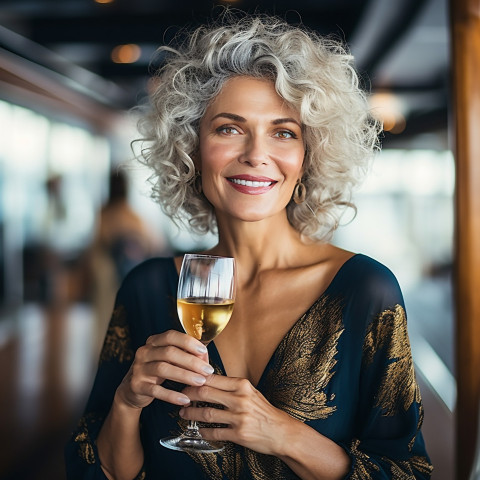 Elegant woman enjoying champagne at an exclusive yacht celebration