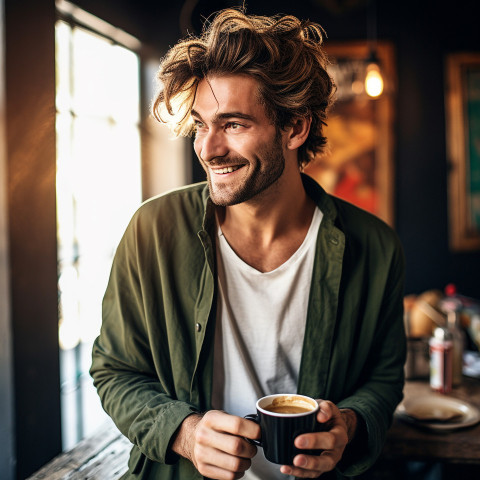 Stylish man savoring a cup of specialty coffee