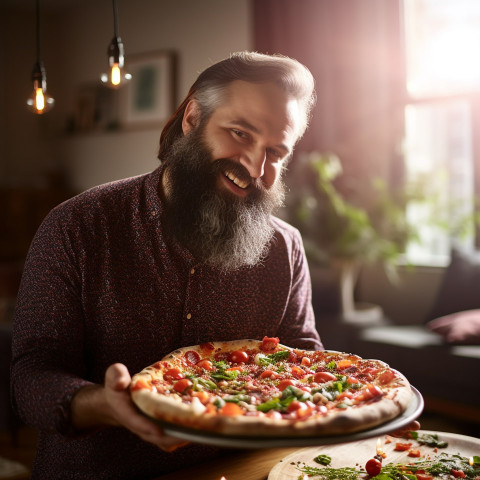 Happy guy savoring a delicious homemade Italian pizza