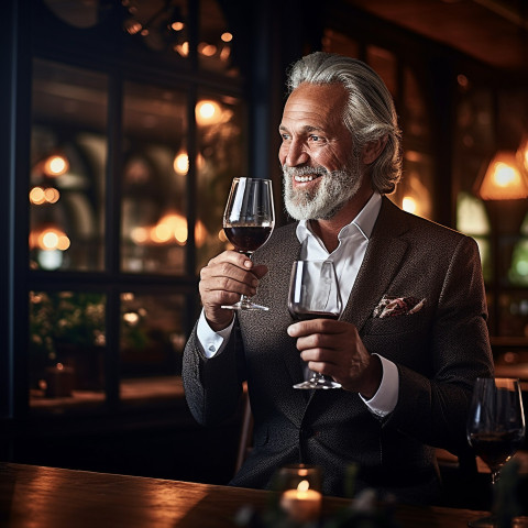 Elegant man savoring wine at an upscale eatery