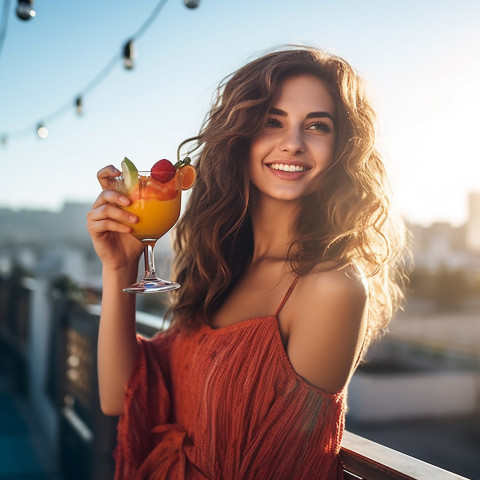 Smiling woman enjoying a refreshing cocktail at a rooftop bar