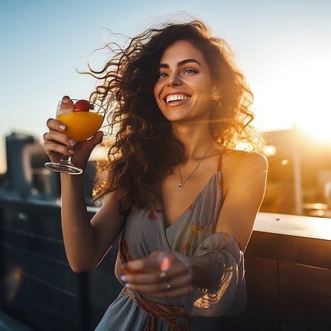 Smiling woman enjoying a refreshing cocktail at a rooftop bar