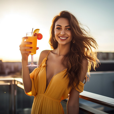 Smiling woman enjoying a refreshing cocktail at a rooftop bar