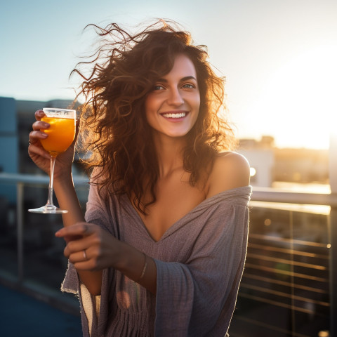 Smiling woman enjoying a refreshing cocktail at a rooftop bar