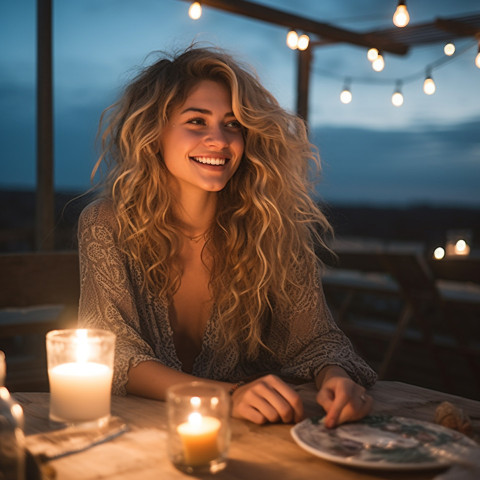 Smiling woman savors a romantic meal at a rooftop eatery