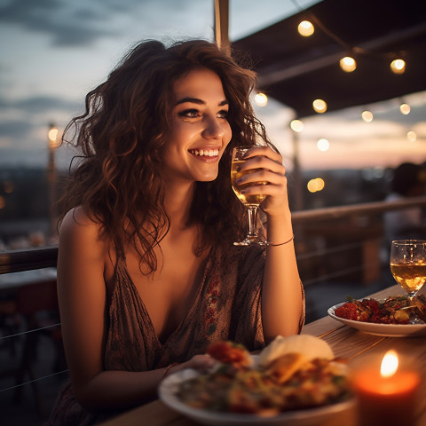 Smiling woman savors a romantic meal at a rooftop eatery