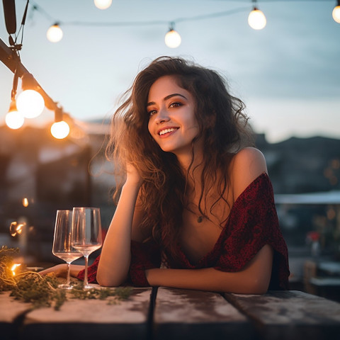 Smiling woman savors a romantic meal at a rooftop eatery