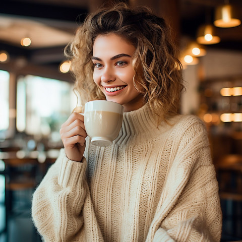 Elegant woman savors a cappuccino in a charming European cafe