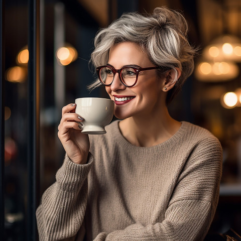 Elegant woman savors a cappuccino in a charming European cafe