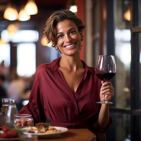 Charming woman enjoying a glass of red wine at a cozy Italian restaurant