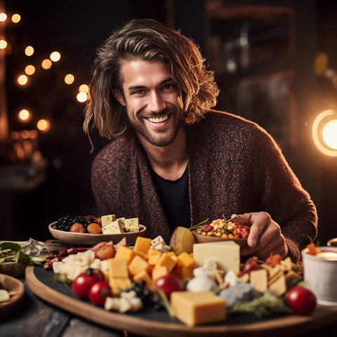 Stylish guy enjoying a cheese board