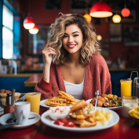 Stylish woman savoring a delicious breakfast in a comfy diner