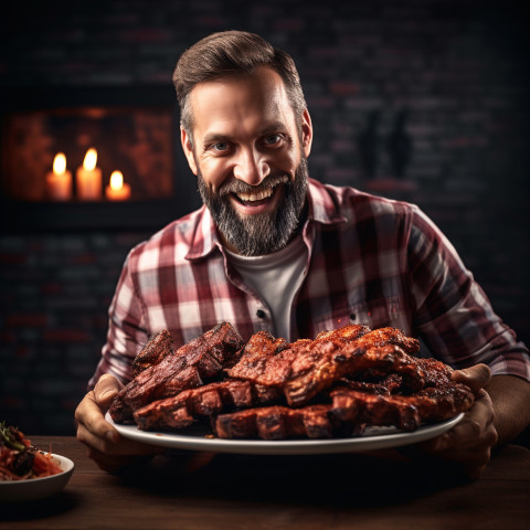 Dapper man relishing a rack of barbecue ribs