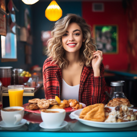 Stylish woman savoring a delicious breakfast in a comfy diner