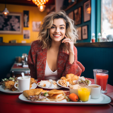 Stylish woman savoring a delicious breakfast in a comfy diner