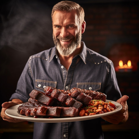 Dapper man relishing a rack of barbecue ribs