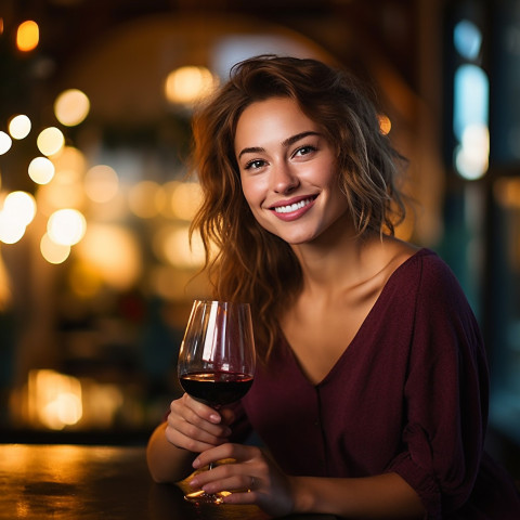 Smiling woman enjoys a glass of wine in a charming bistro