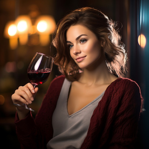 Smiling woman enjoys a glass of wine in a charming bistro