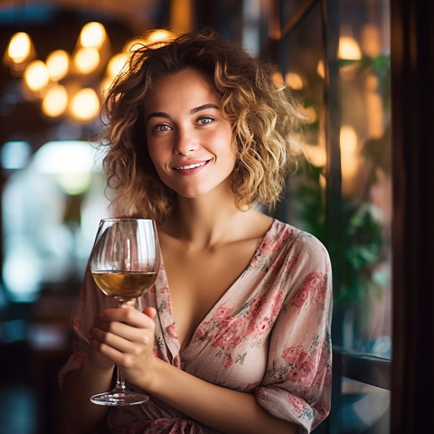 Smiling woman enjoys a glass of wine in a charming bistro