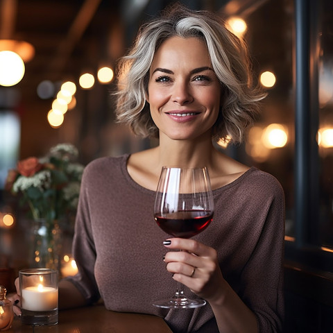 Smiling woman enjoys a glass of wine in a charming bistro