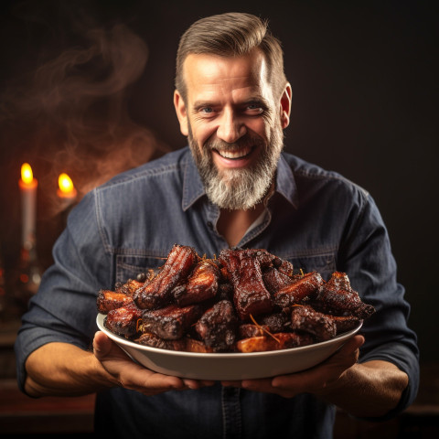 Dapper man relishing a rack of barbecue ribs