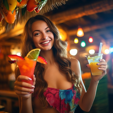 Elegant lady raises a fruity cocktail in a tropical themed bar