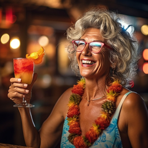 Elegant lady raises a fruity cocktail in a tropical themed bar