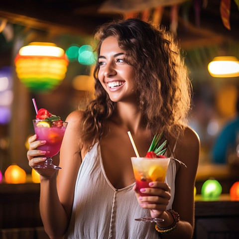 Elegant lady raises a fruity cocktail in a tropical themed bar