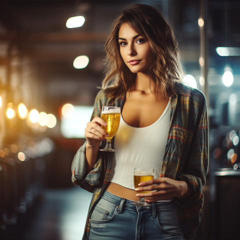 Stylish woman savors craft beer at popular brewery