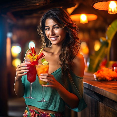 Elegant lady raises a fruity cocktail in a tropical themed bar