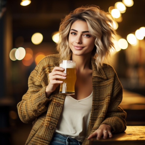 Stylish woman savors craft beer at popular brewery