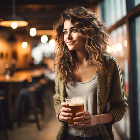 Stylish woman savors craft beer at popular brewery