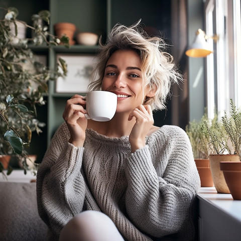 Relaxed woman enjoys a warm cup of tea in a charming tearoom