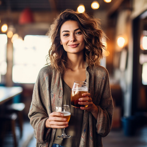 Stylish woman savors craft beer at popular brewery