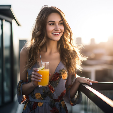 Elegant woman enjoying a refreshing cocktail at a rooftop bar