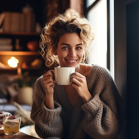 Relaxed woman enjoys a warm cup of tea in a charming tearoom