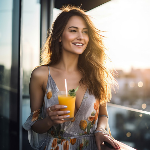 Elegant woman enjoying a refreshing cocktail at a rooftop bar