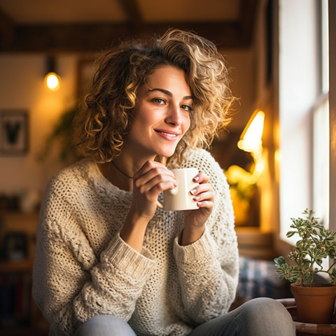 Relaxed woman enjoys a warm cup of tea in a charming tearoom