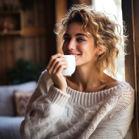 Relaxed woman enjoys a warm cup of tea in a charming tearoom