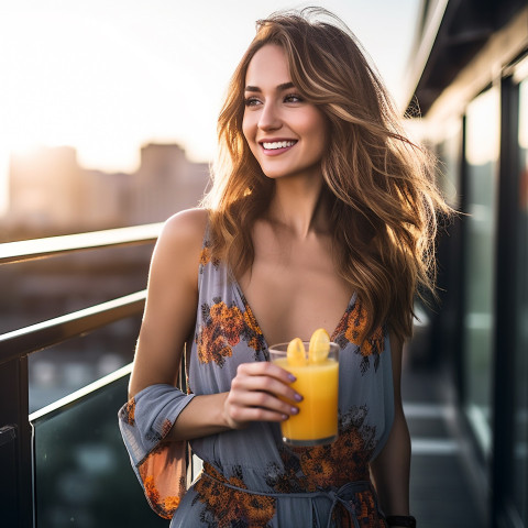 Elegant woman enjoying a refreshing cocktail at a rooftop bar